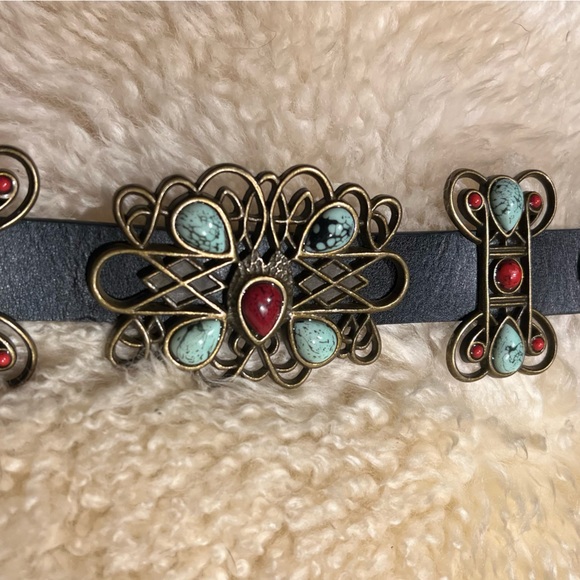 black leather western concho belt faux coral and turquoise stones scroll design - Picture 1 of 17